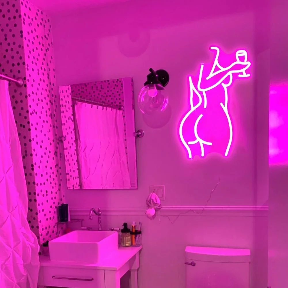 Female Body Wine Pink Neon Light Bright LED Bedroom Bathroom Diva Princess Decor